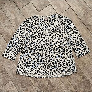 Chicos Cream Black and Blue Leopard Print 3/4 Sleeve Shirt Size 3